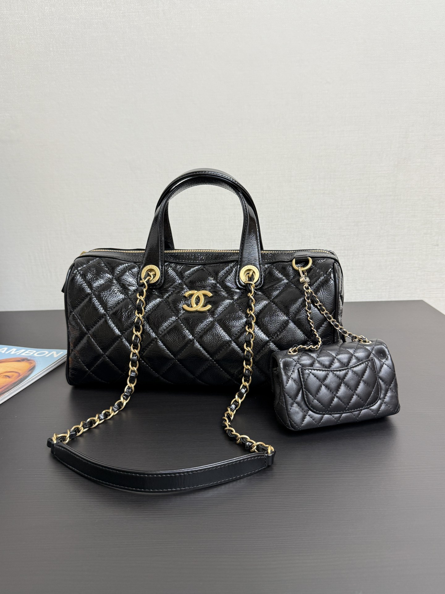 Chanel Large bowling bag, Patent crumpled calfskin & gold-tone black