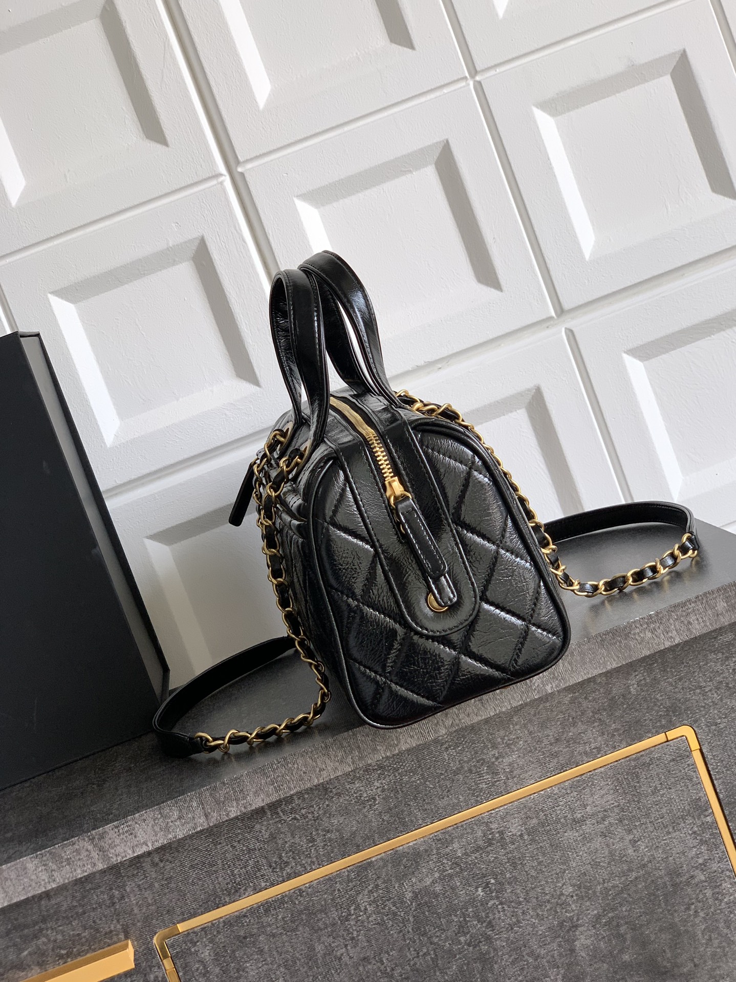 Chanel Large bowling bag, Patent crumpled calfskin & gold-tone black