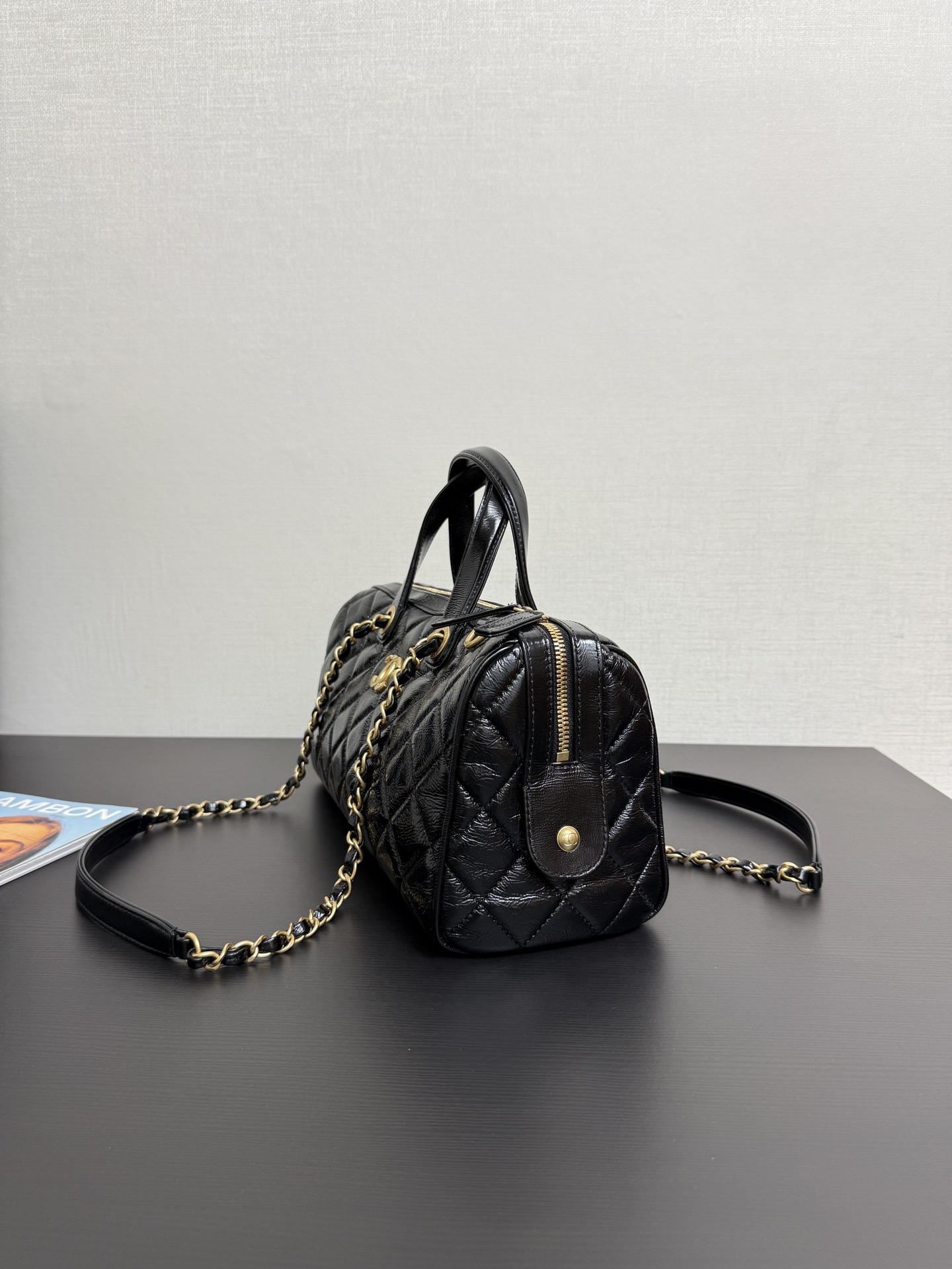 Chanel Large bowling bag, Patent crumpled calfskin & gold-tone black