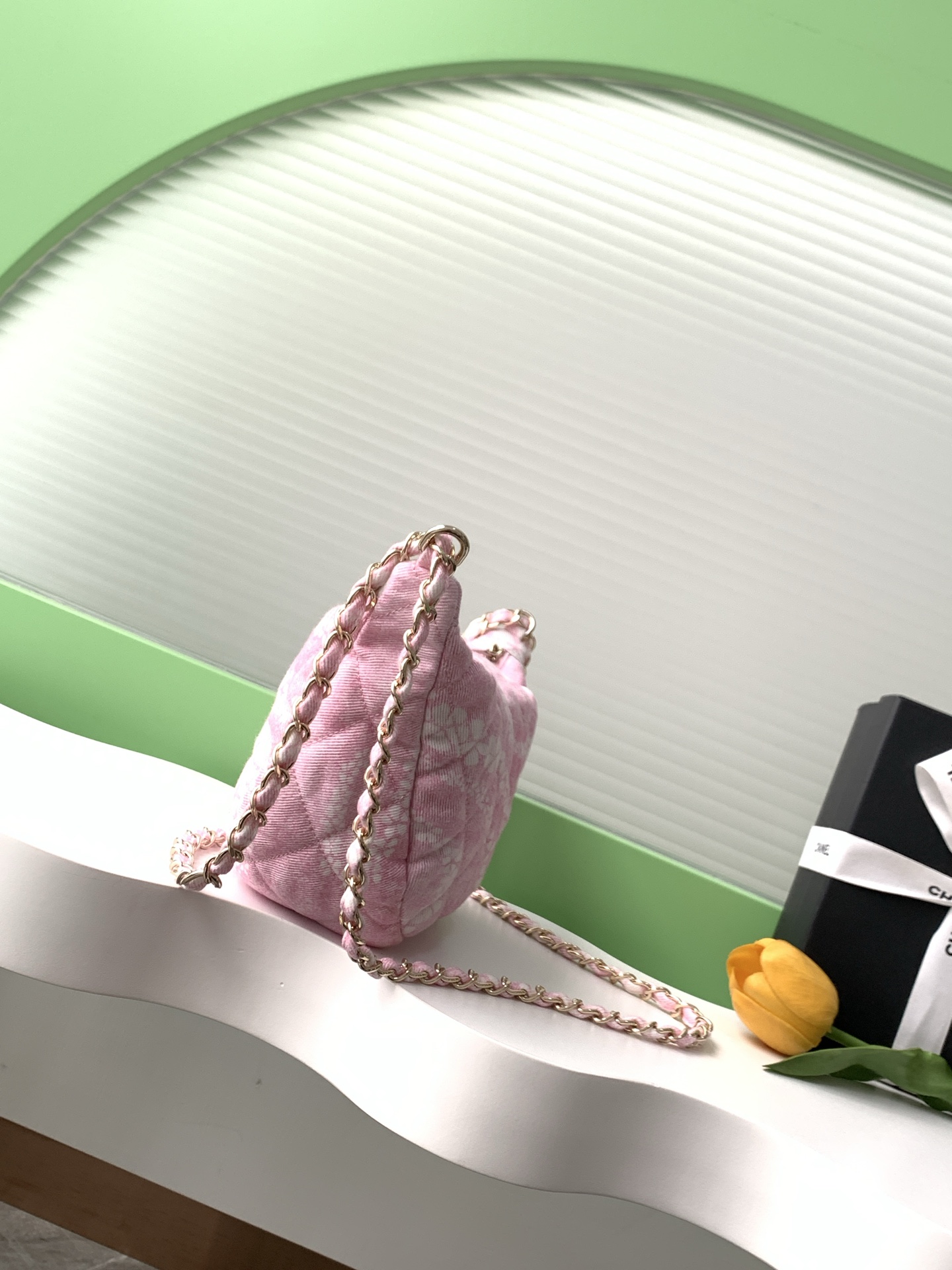 Chanel Large hobo bag, Printed denim & gold-tone metal, light pink