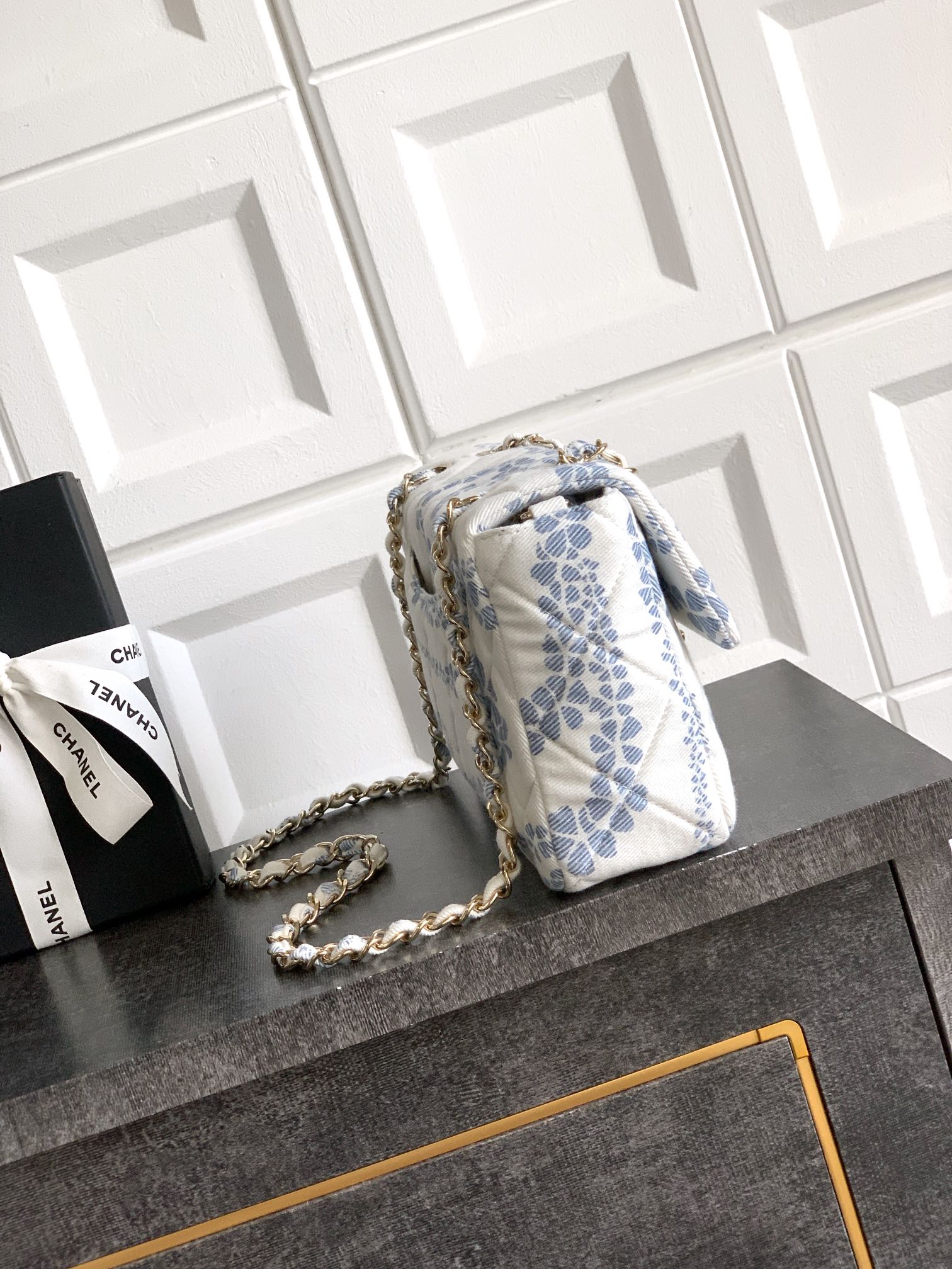 Chanel Large hobo bag, Printed denim & gold-tone metal, white & blue