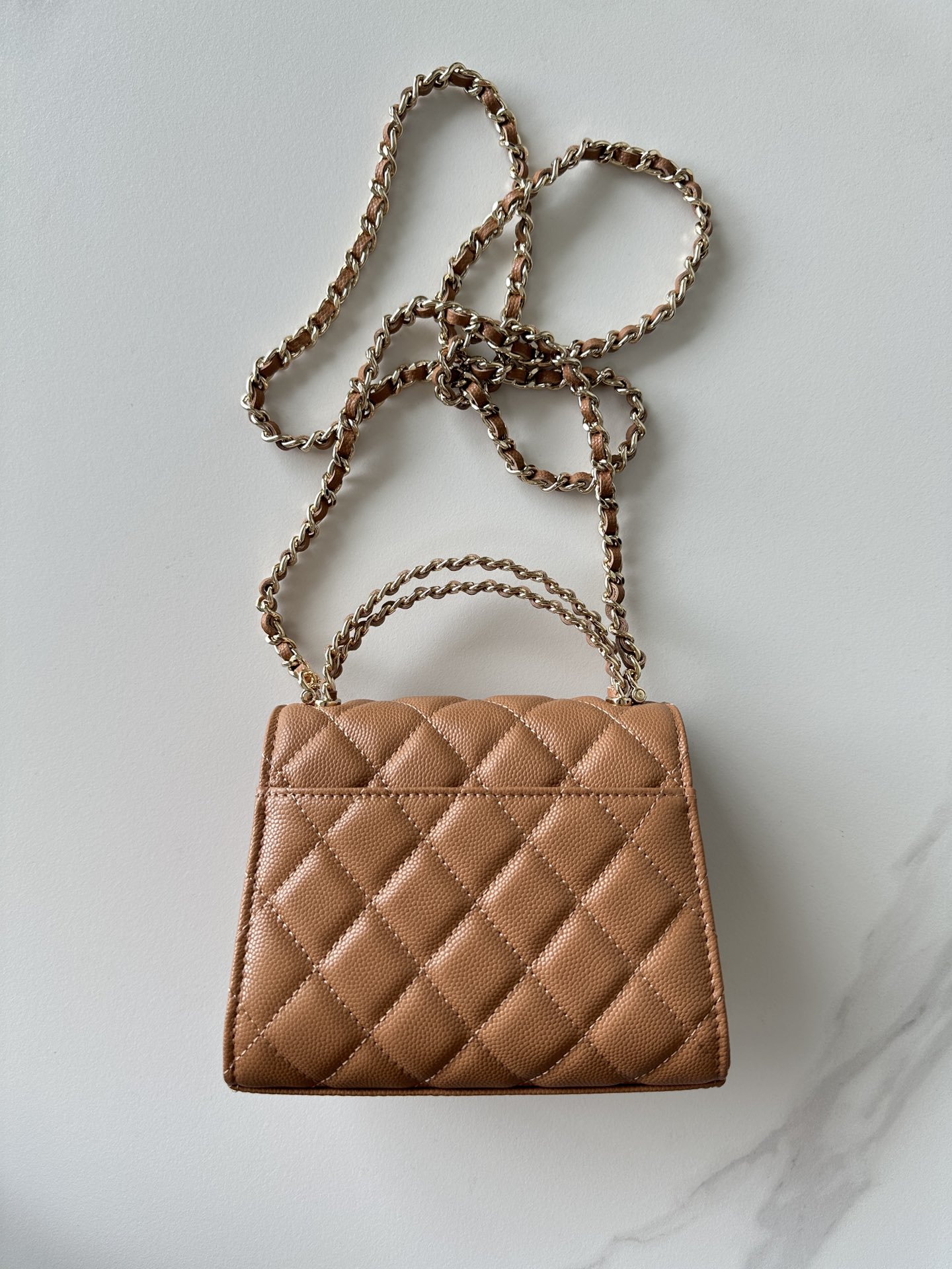 Chanel Light Brown Quilted Caviar Top Handle Mini Clutch