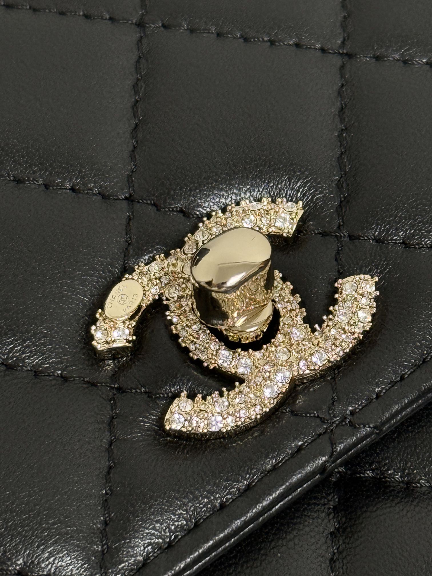 CHANEL Matelasse Chain Wallet Leather Black Rhinestone