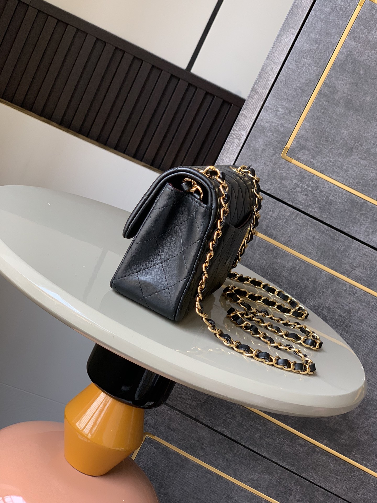 Chanel Matelasse Lambskin Chain Shoulder Bag Black Gold