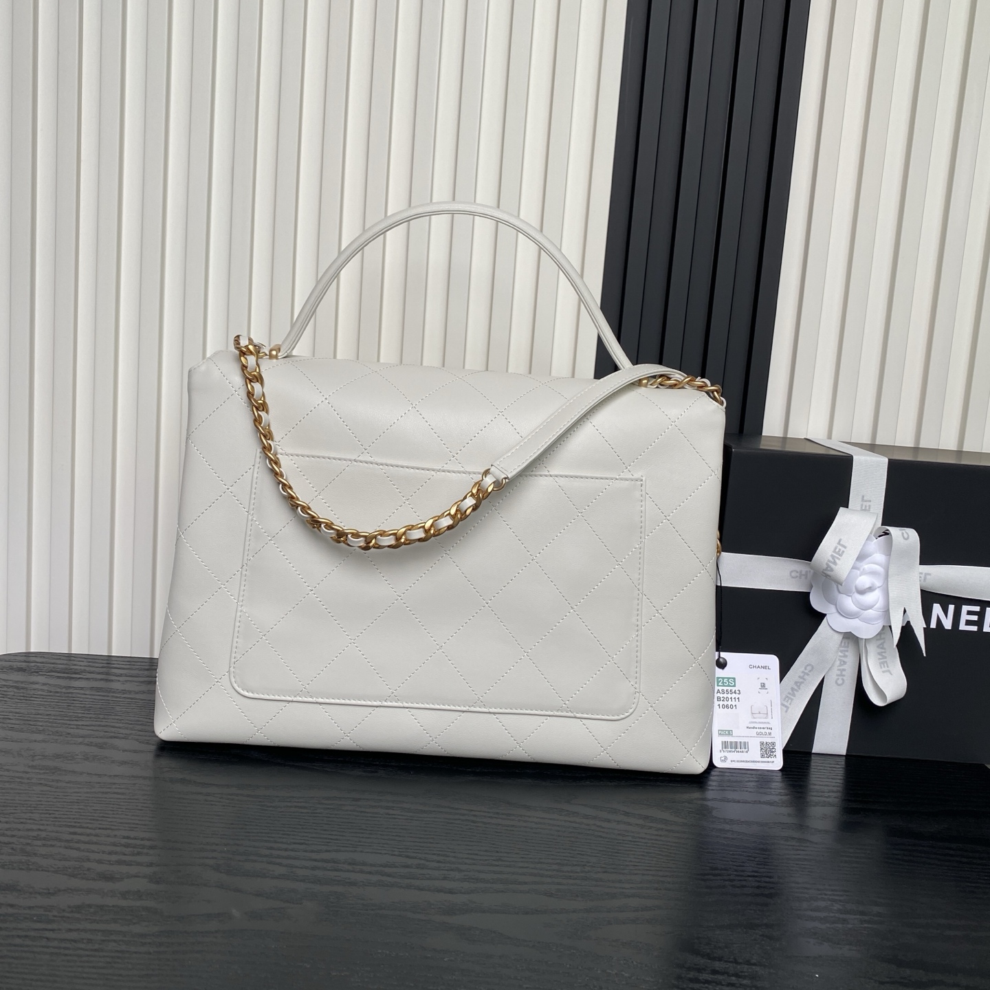 Chanel Maxi flap bag with top handle, Calfskin & gold-tone metal white