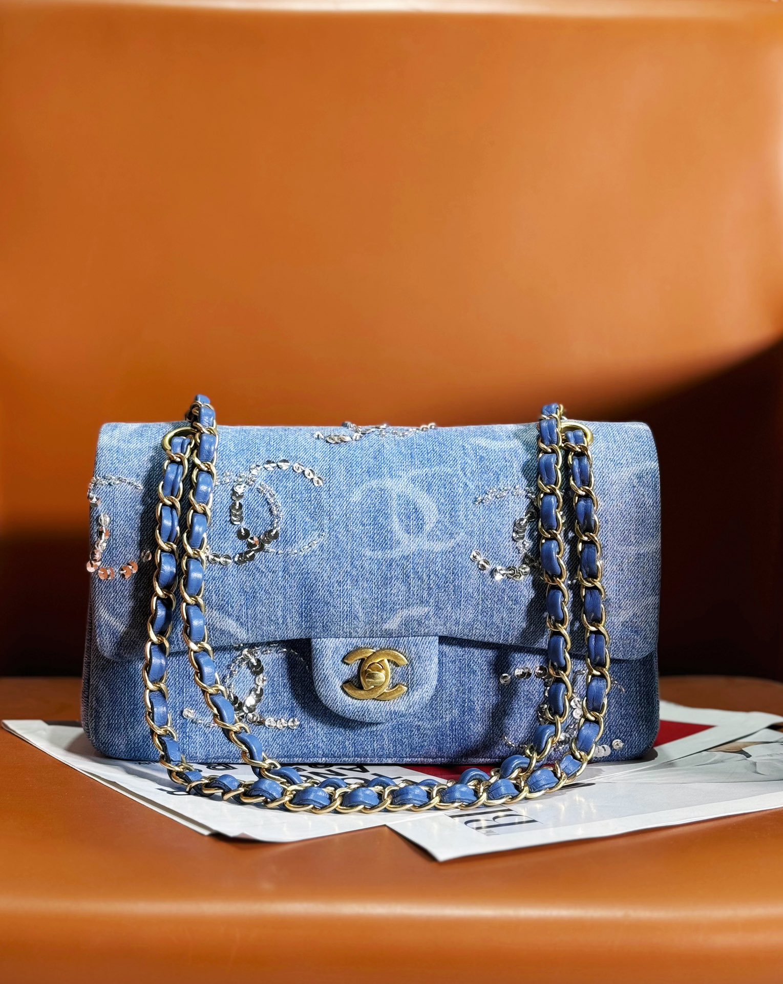 CHANEL Medium Classic Double Flap Blue Denim Sequins CC PRINT Bag Gold