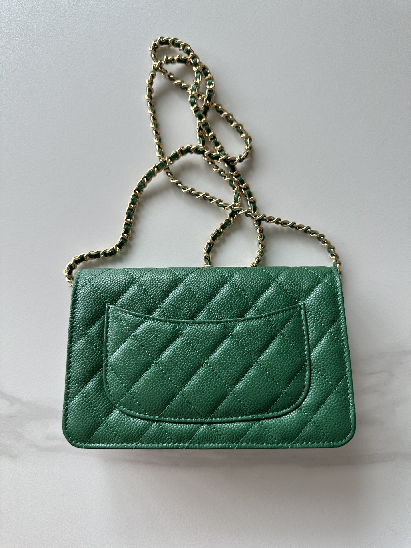 CHANEL Metallic Caviar Quilted Wallet On Chain WOC Green 1396010