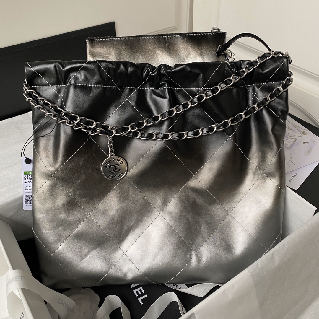 Chanel Metallic Ombre Quilted Shiny Leather Small 22 Hobo silver