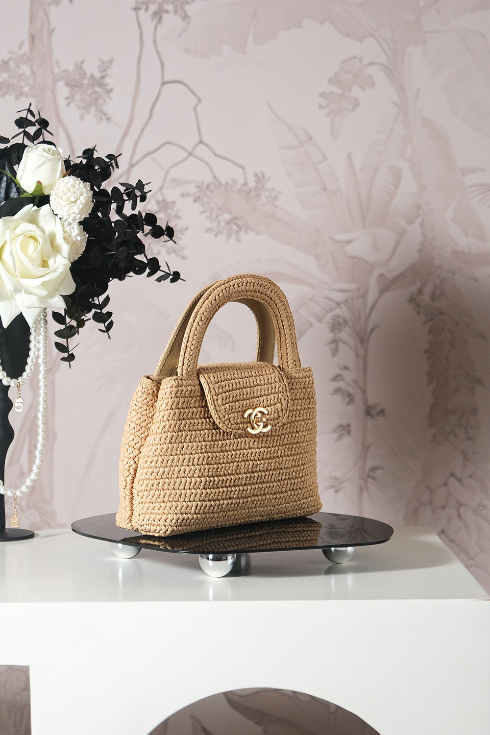 CHANEL Metallic Woven Raffia Small Kelly Flap Bag Gold