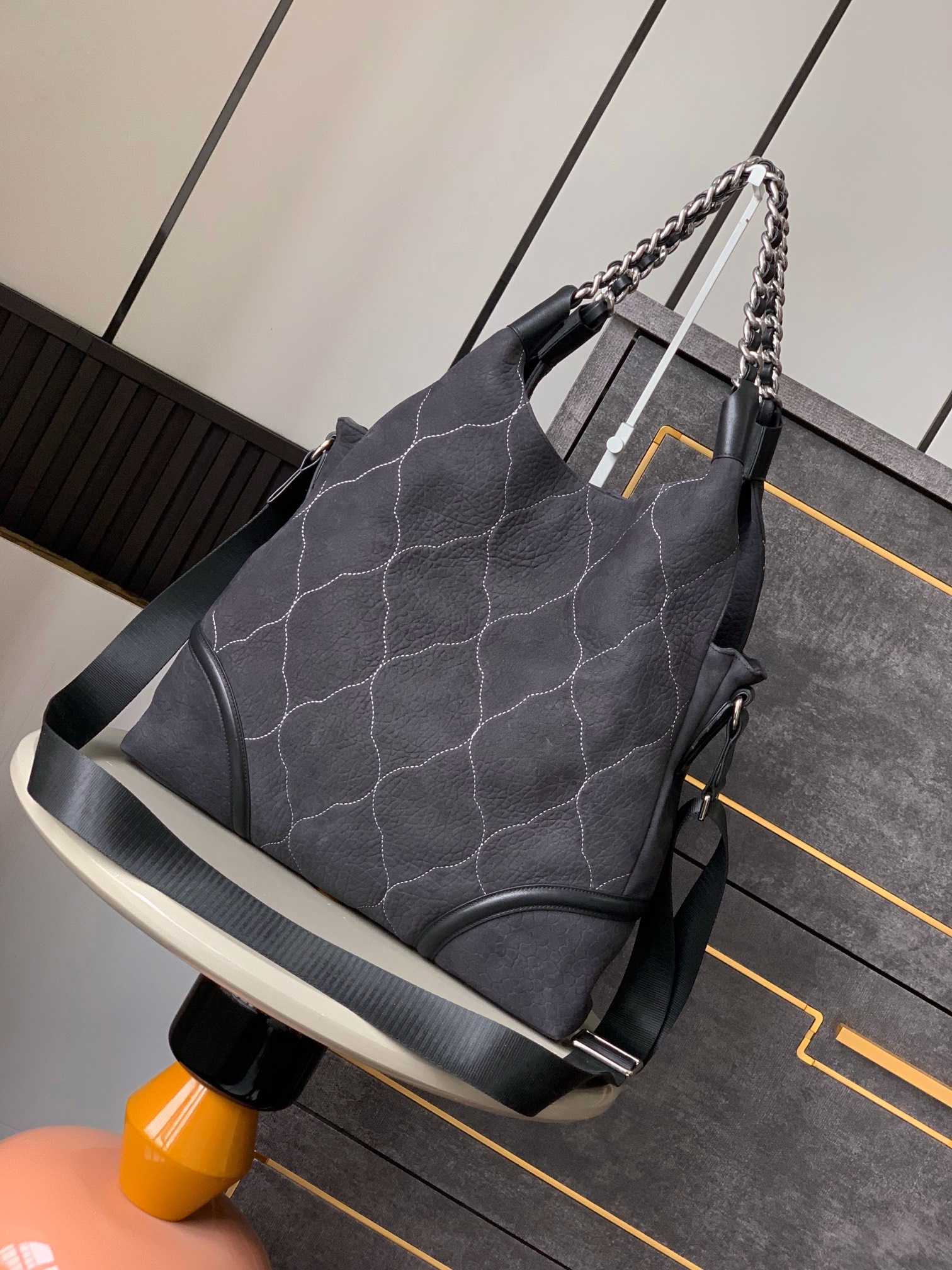 CHANEL Microsuede Quilted Rodeo Drive Hobo Black gray 827808