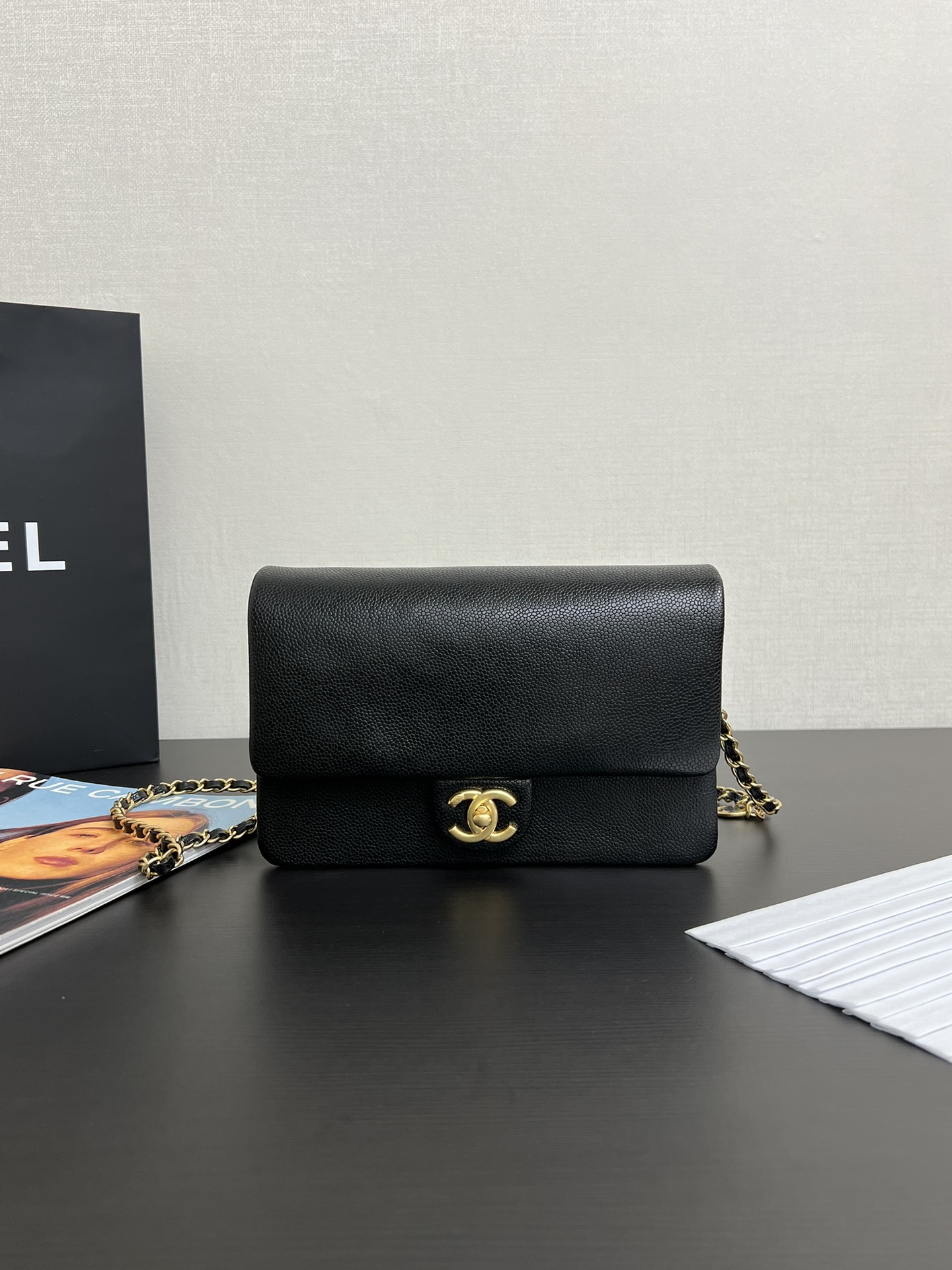 Chanel Mini Flap Bag Black Shiny Grained Calfskin Brushed