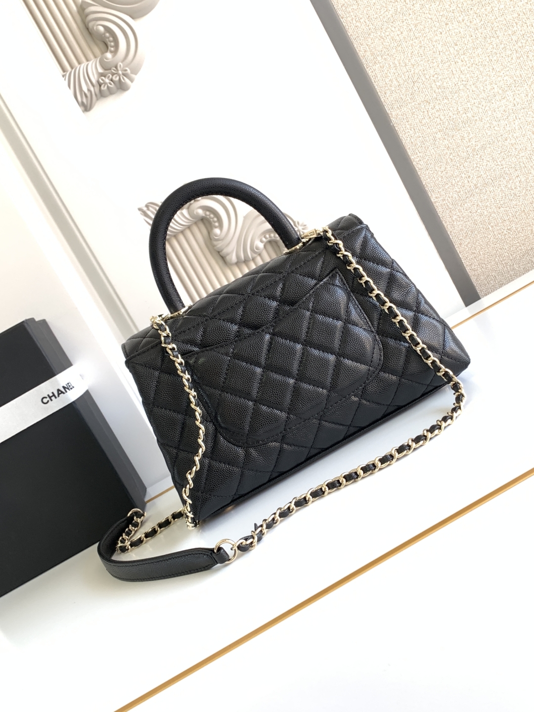 Chanel Mini flap bag with top handle, Calfskin, diamanté & gold meta