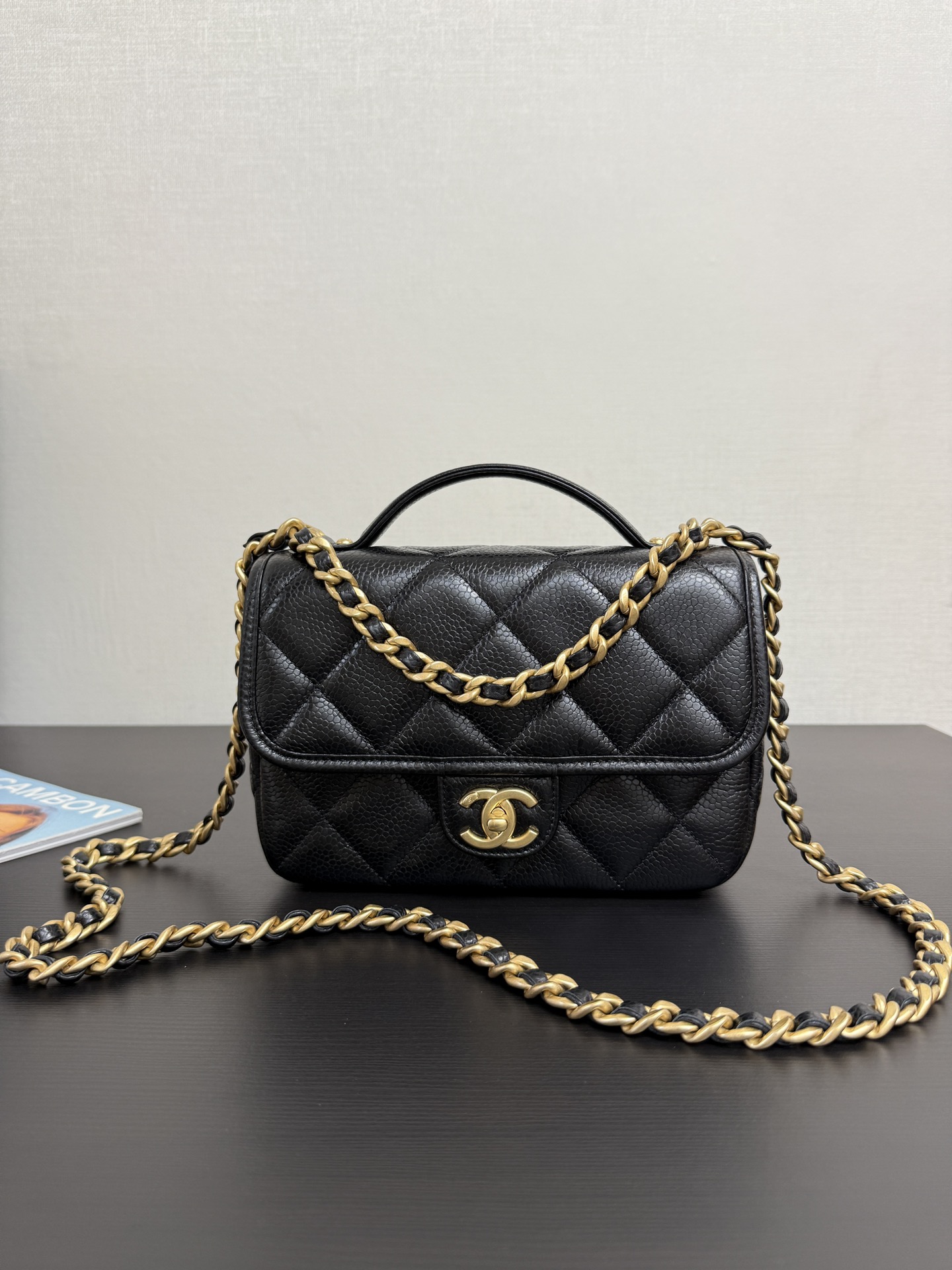 Chanel Mini flap bag with top handle, Calfskin, strass & gold-tone