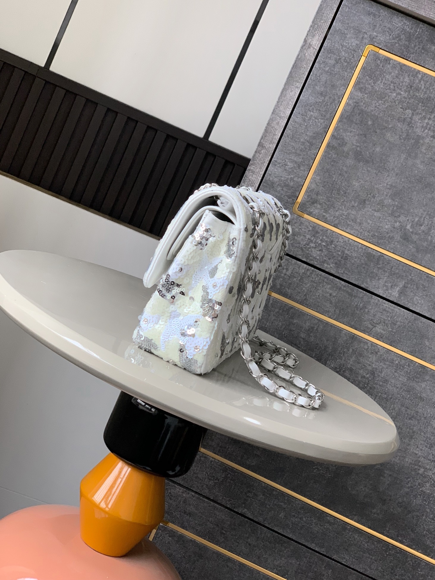 Chanel Mini flap bag, Wool tweed & gold-tone metal, gray, black