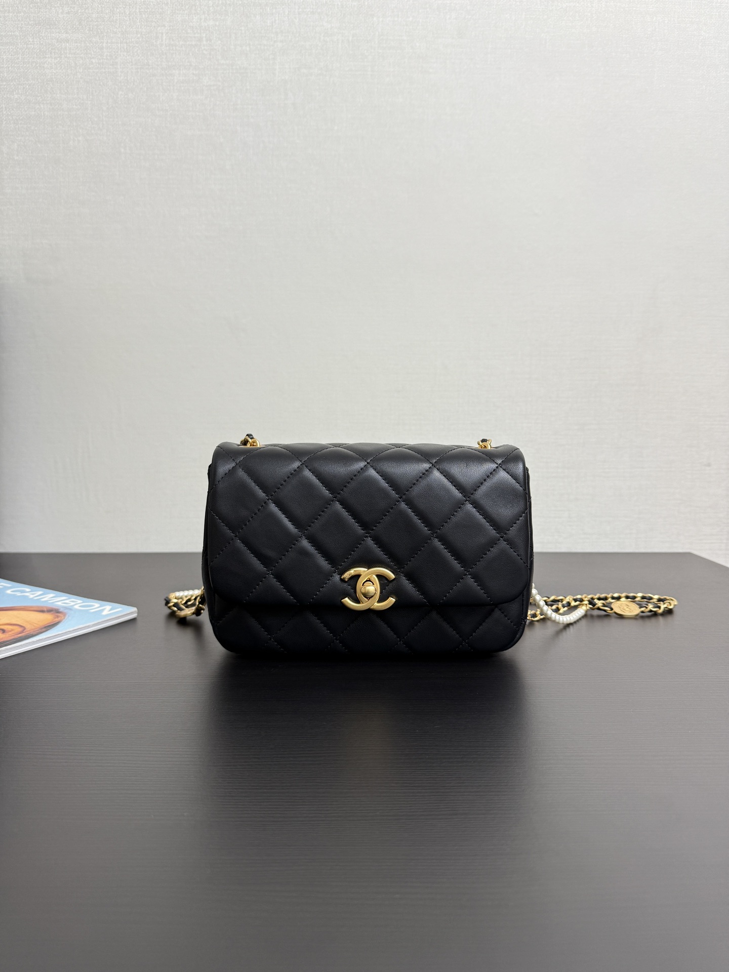 Chanel Mini Pearly Chain Flap Bag Black Lambskin Brushed black