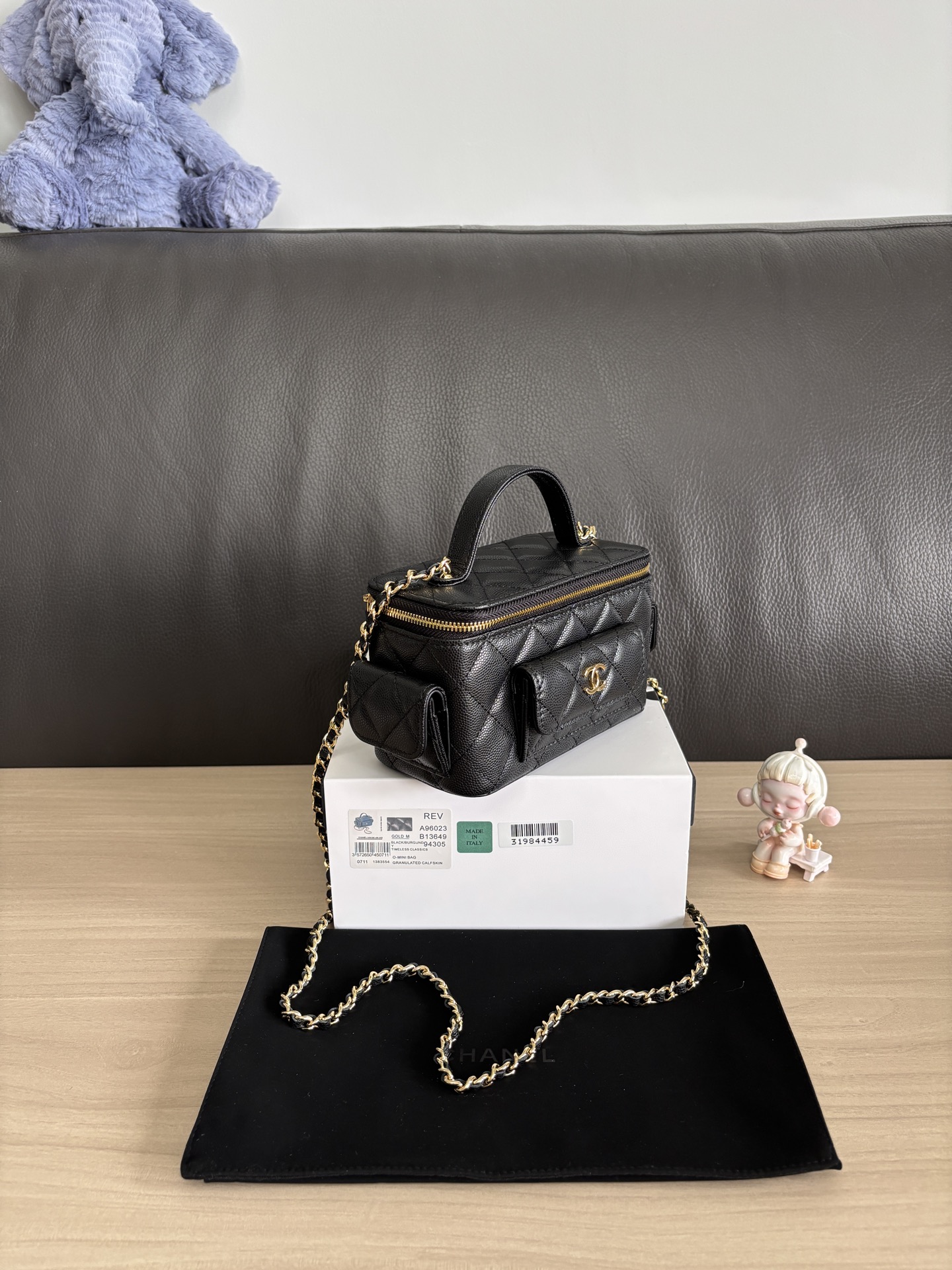 Chanel Mini Pocket Vanity Top Handle Case Black Caviar Gold