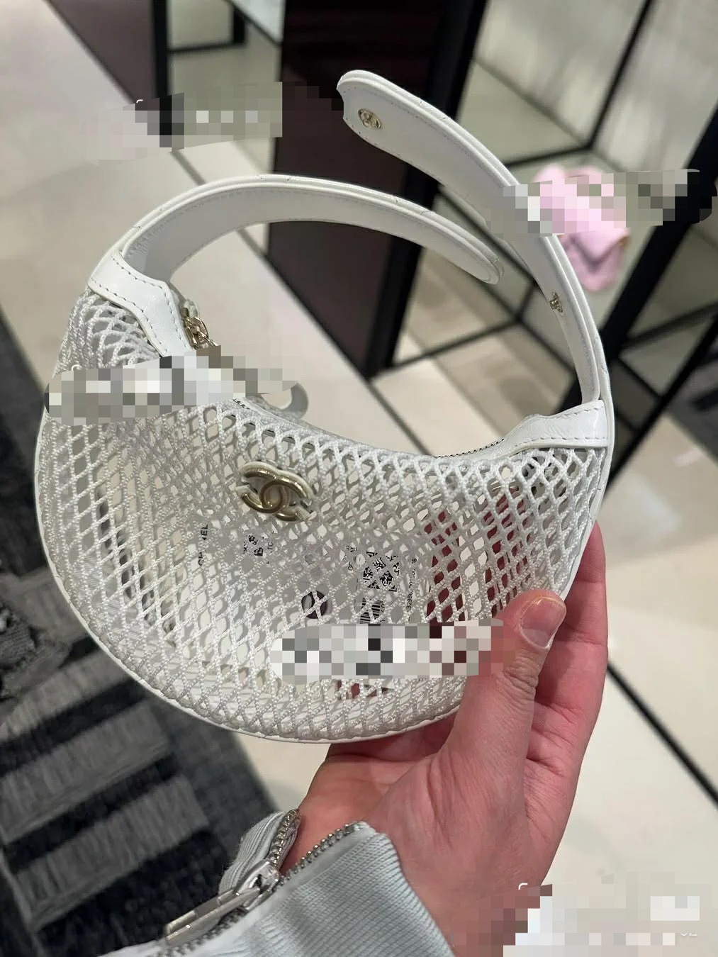 Chanel Mini Round Hobo Pouch Bag white Mesh Light Gold