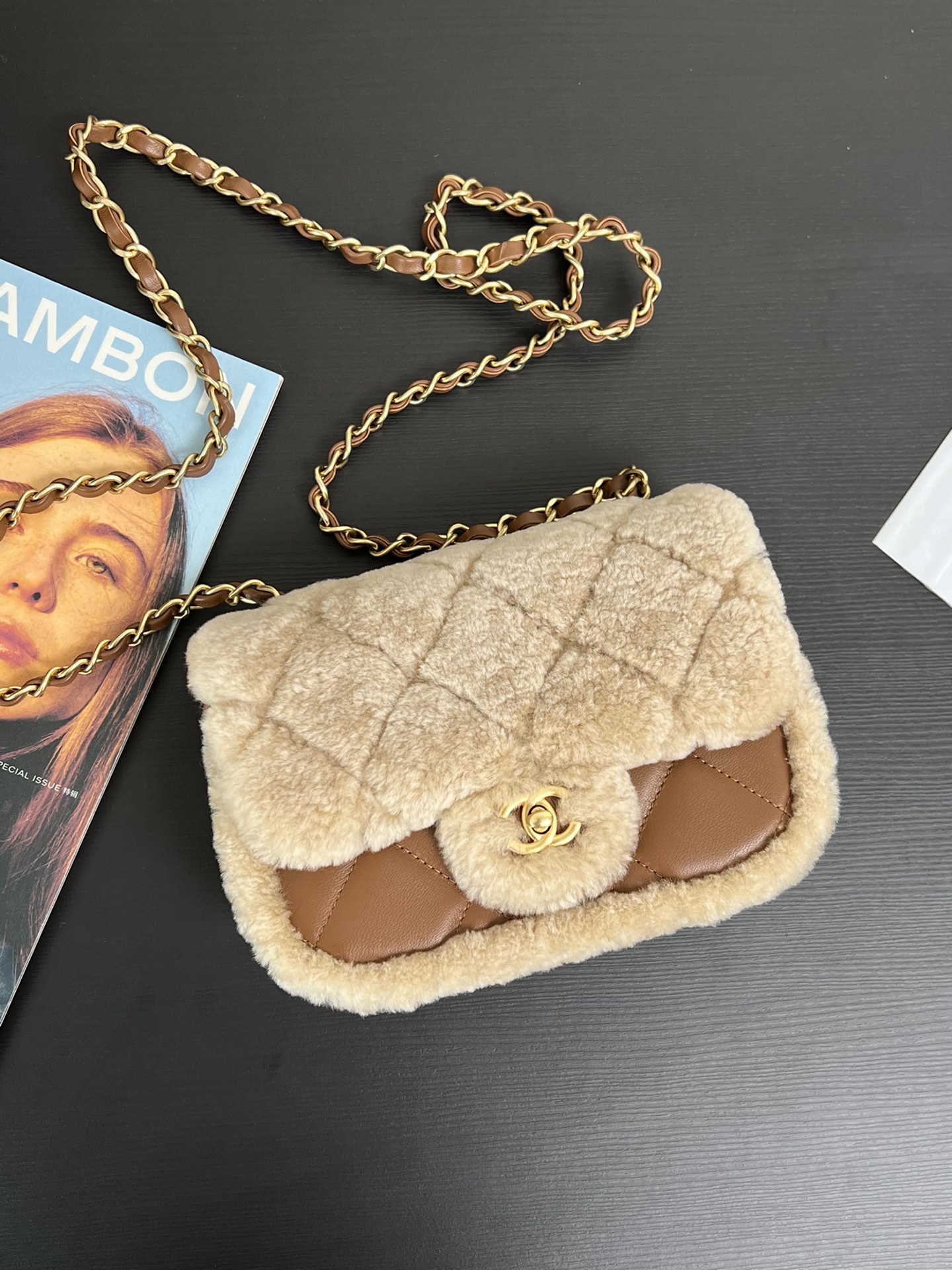 Chanel Mini Shearling Flap Bag Brown Lambskin Brushed Gold Hardware