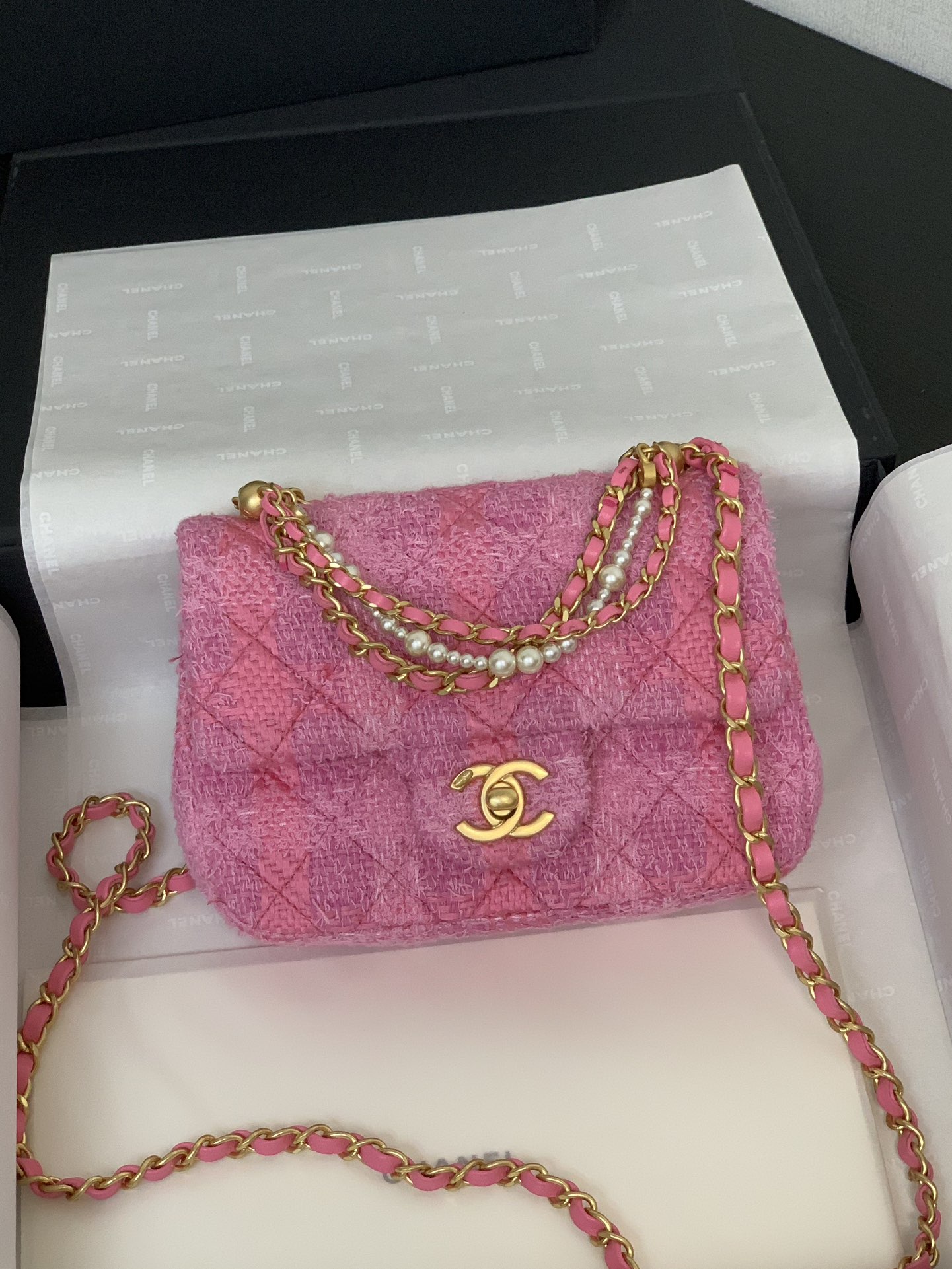 Chanel Mini Square Tweed Pearl Twist Flap Bag - Pink Shoulder