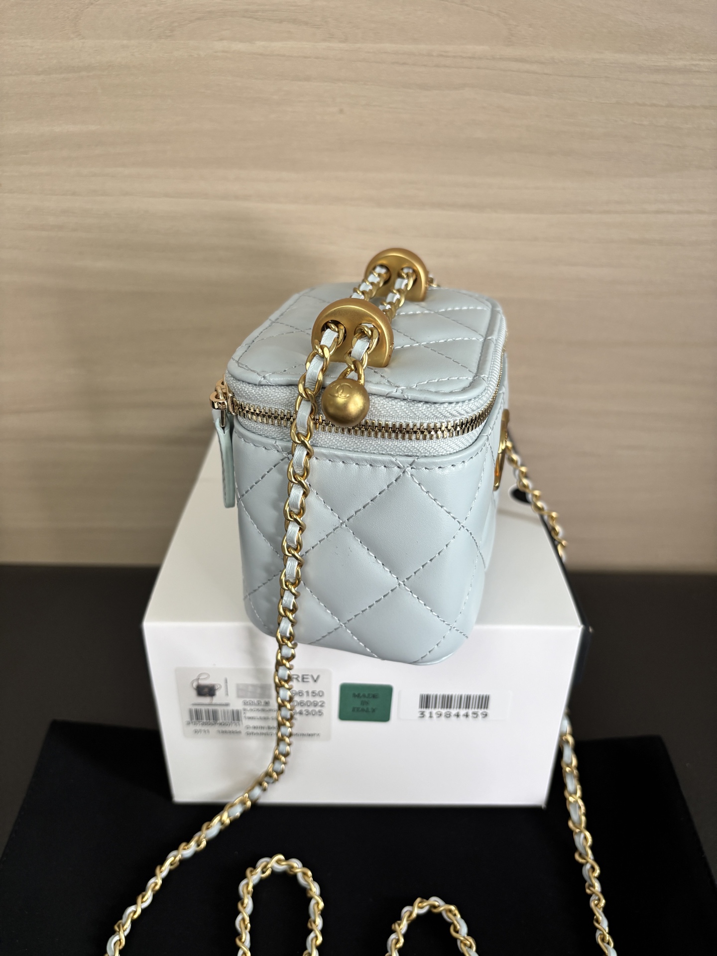 Chanel Mini Top Handle Vanity With Chain Light Blue Lambskin