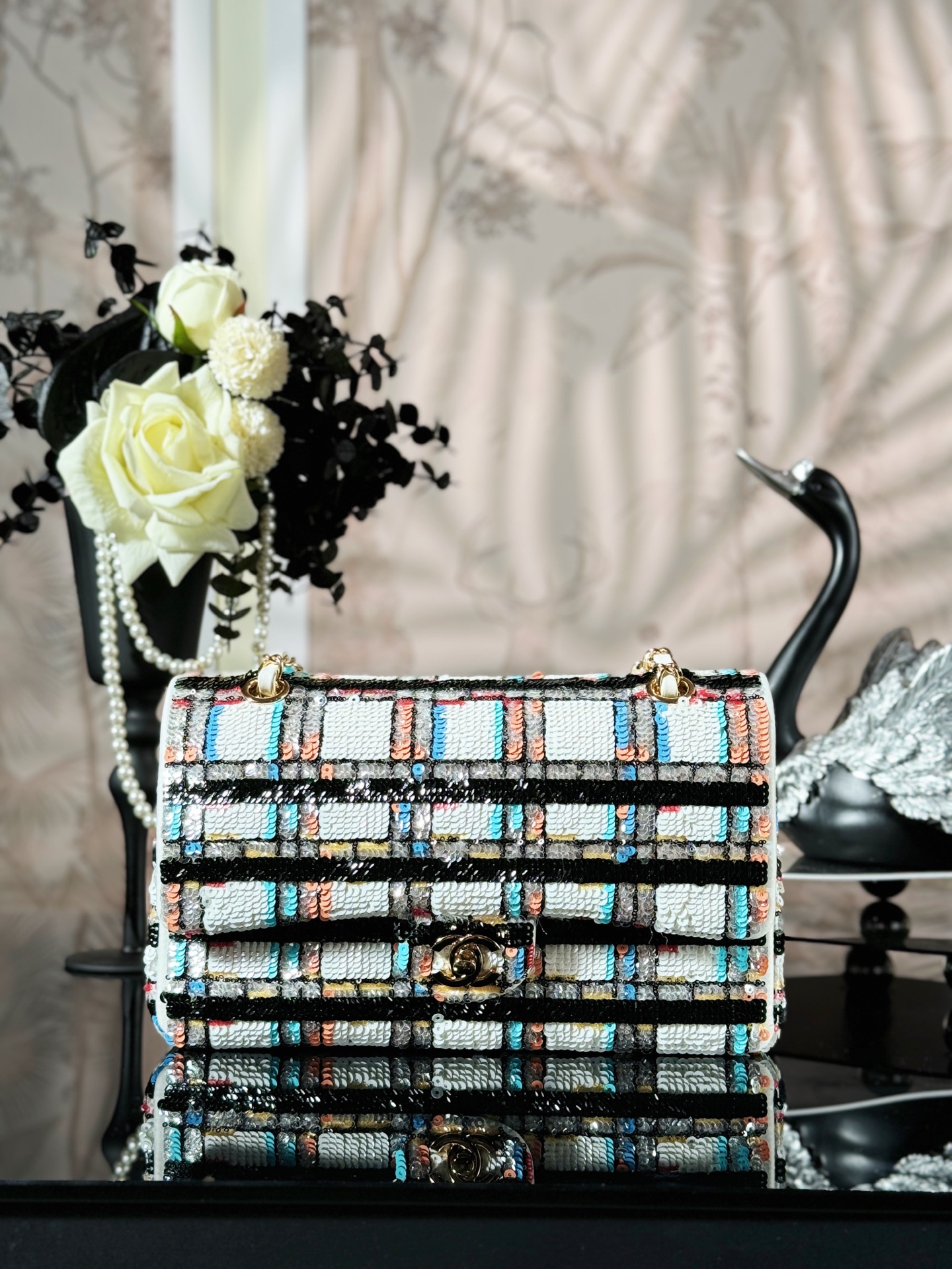 Chanel Navy Sparkle Tweed Classic Mini Rectangular Flap