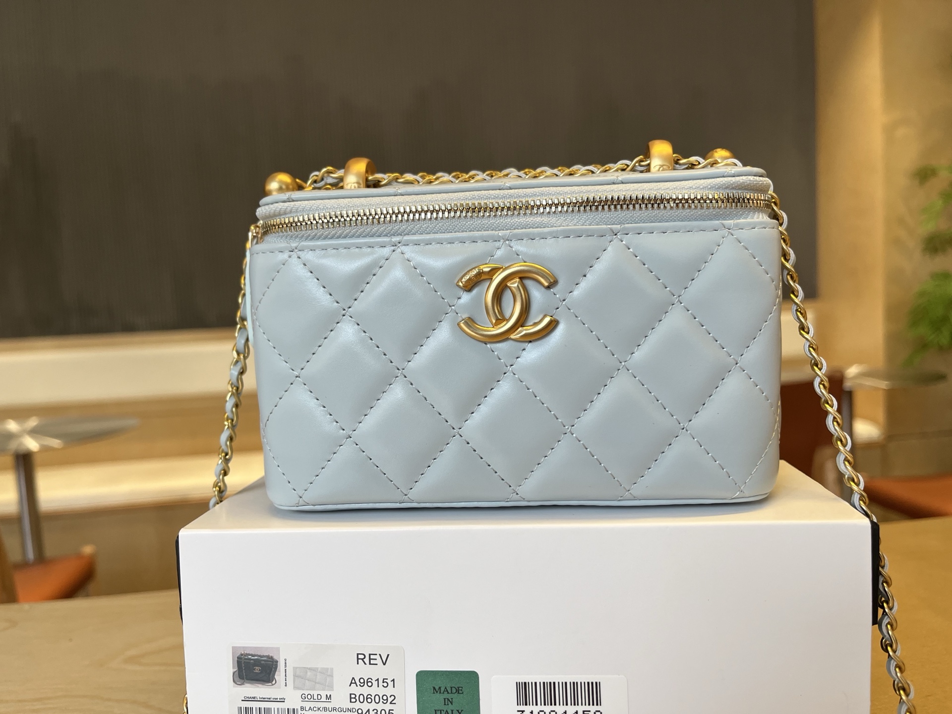 Chanel Pale Blue Quilted Lambskin Camellia Vanity Case
