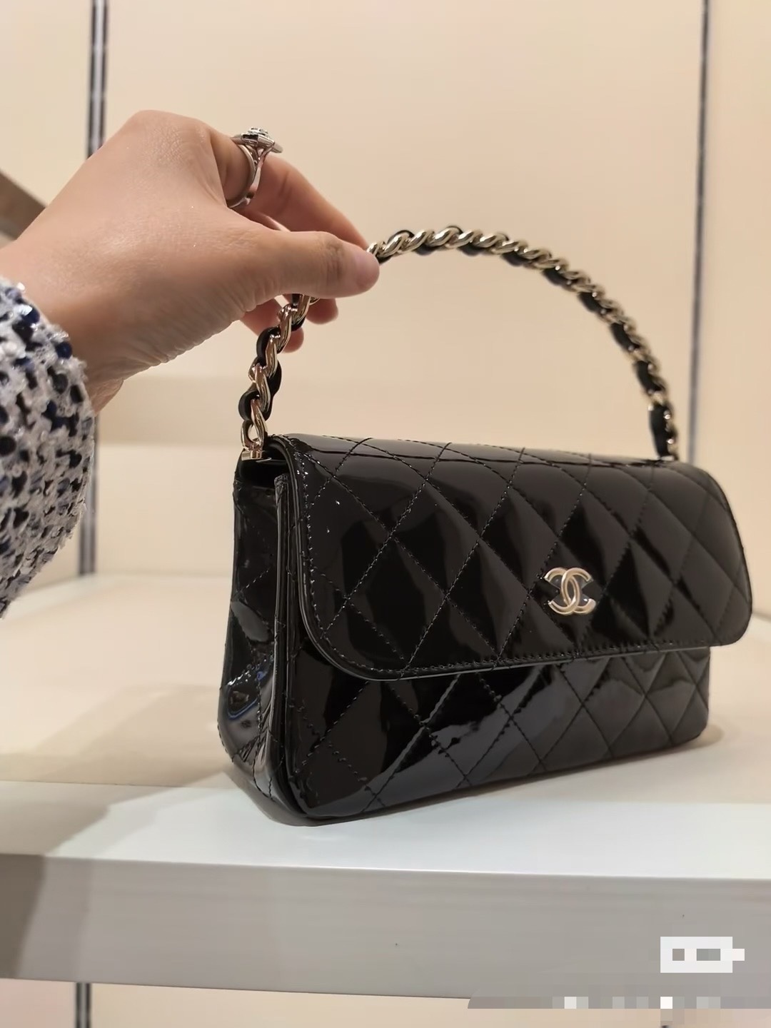 CHANEL Patent Black Top Handle Tote Bag Gold AP4469