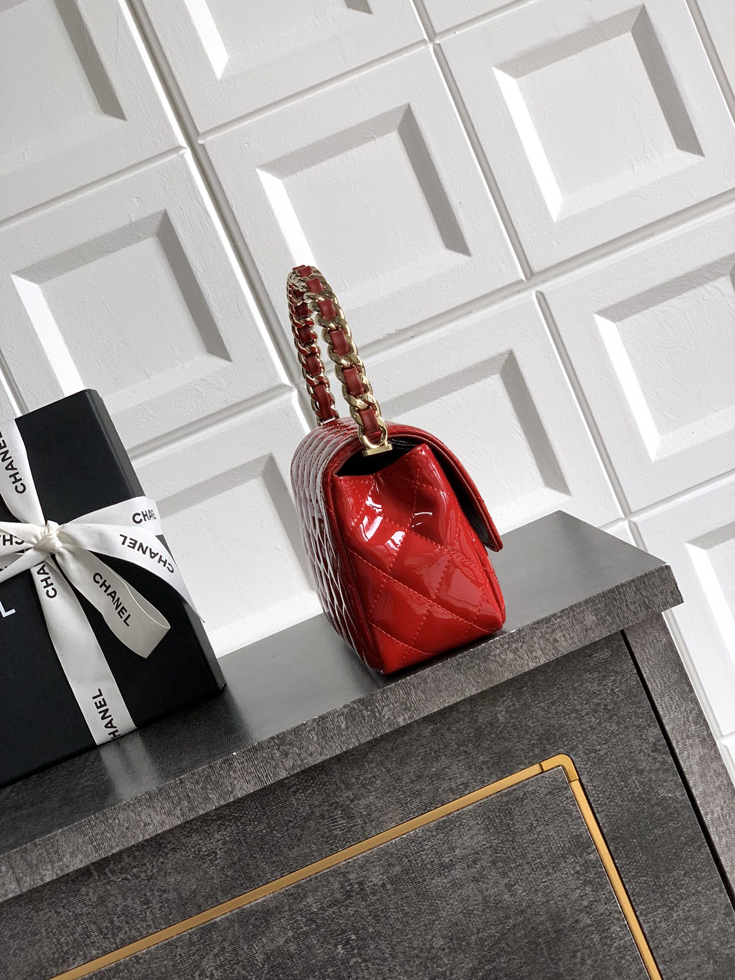 CHANEL Patent Quilted Brilliant Wallet On Chain WOC Red