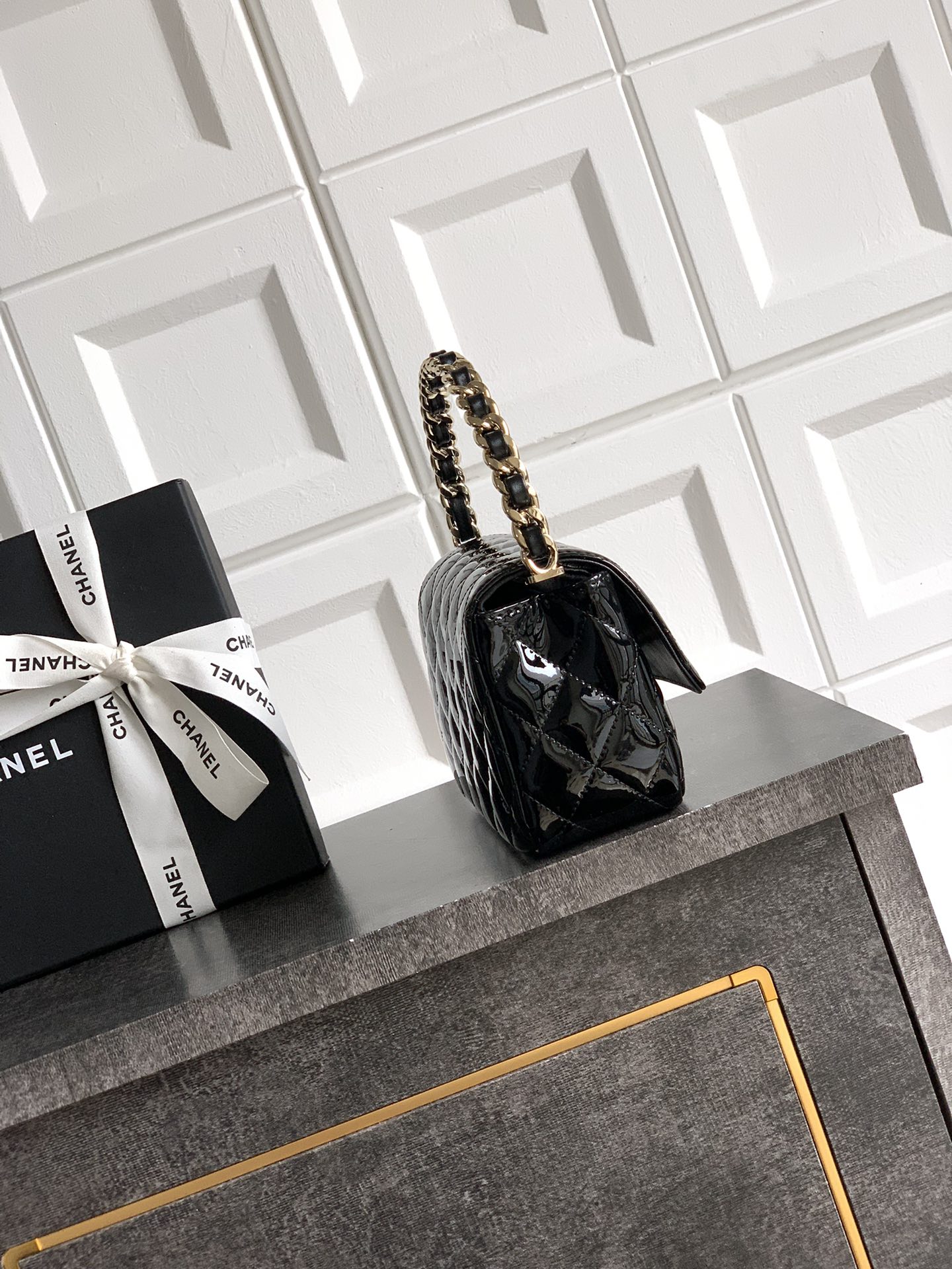 CHANEL Patent Quilted Top Handle Clutch Black 1662517