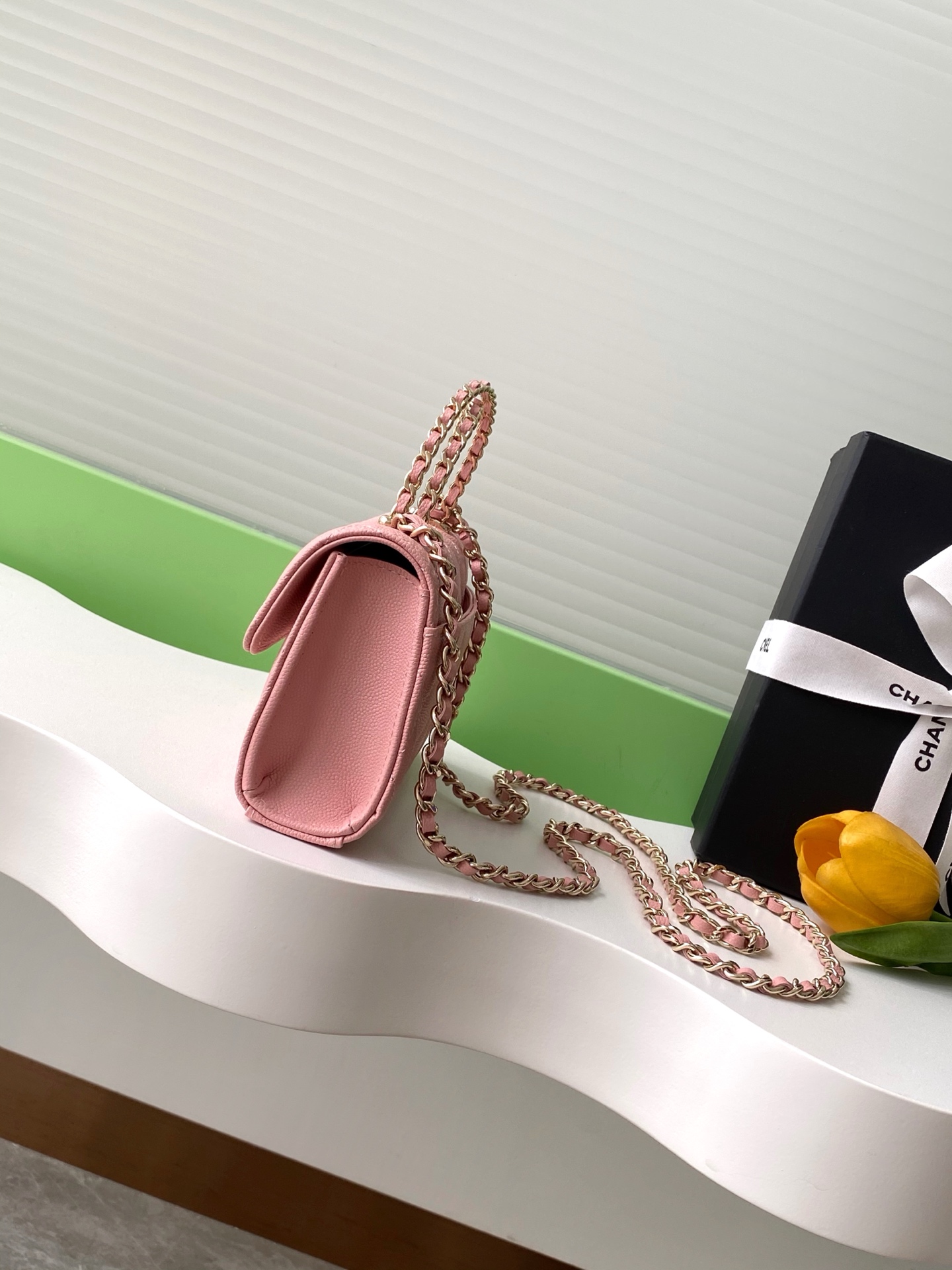 Chanel Pink Lambskin Enamel Top Handle Clutch Gold