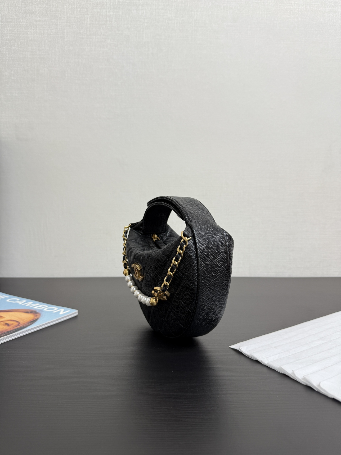 Chanel Quilted Circle Pouch Bag Black w/ Chain Gold