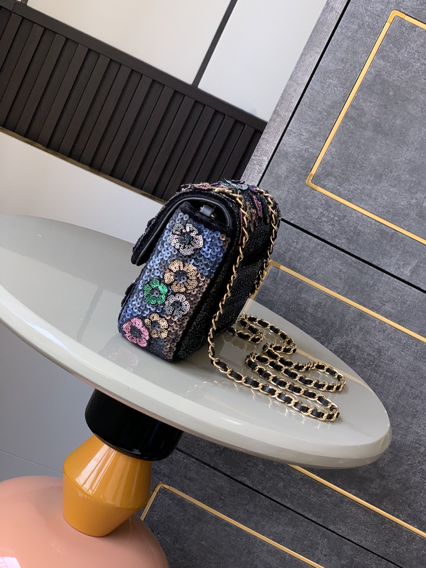 Chanel Quilted Small Camellia Sequin Single Flap Black Suede Shoulder Handbag