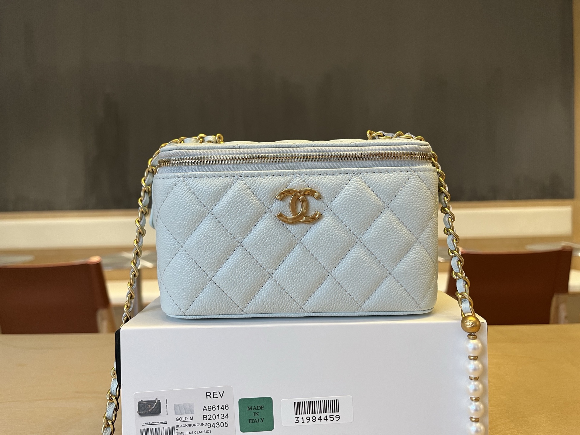 Chanel Quilted Vanity Rectangular with Chain Grey Blue Lambskin Gold H – Coco