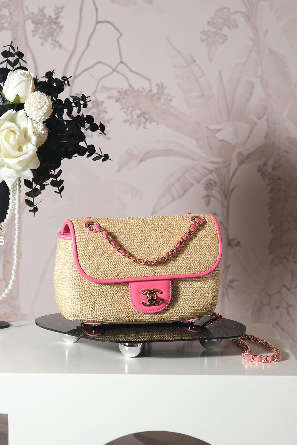 CHANEL Raffia Chain Venice Beach Flap Bag Beige Pink