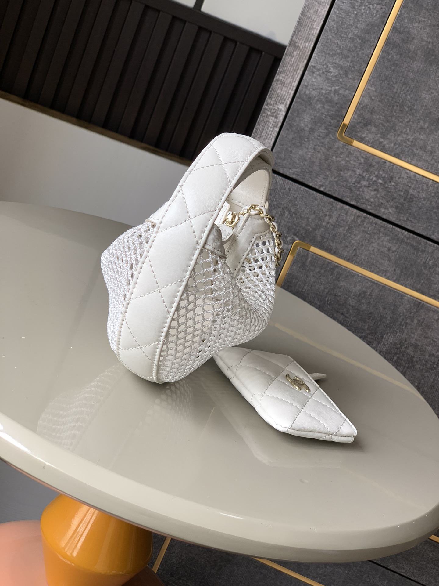 Chanel Round Clutch with Chain White Mesh Light Gold