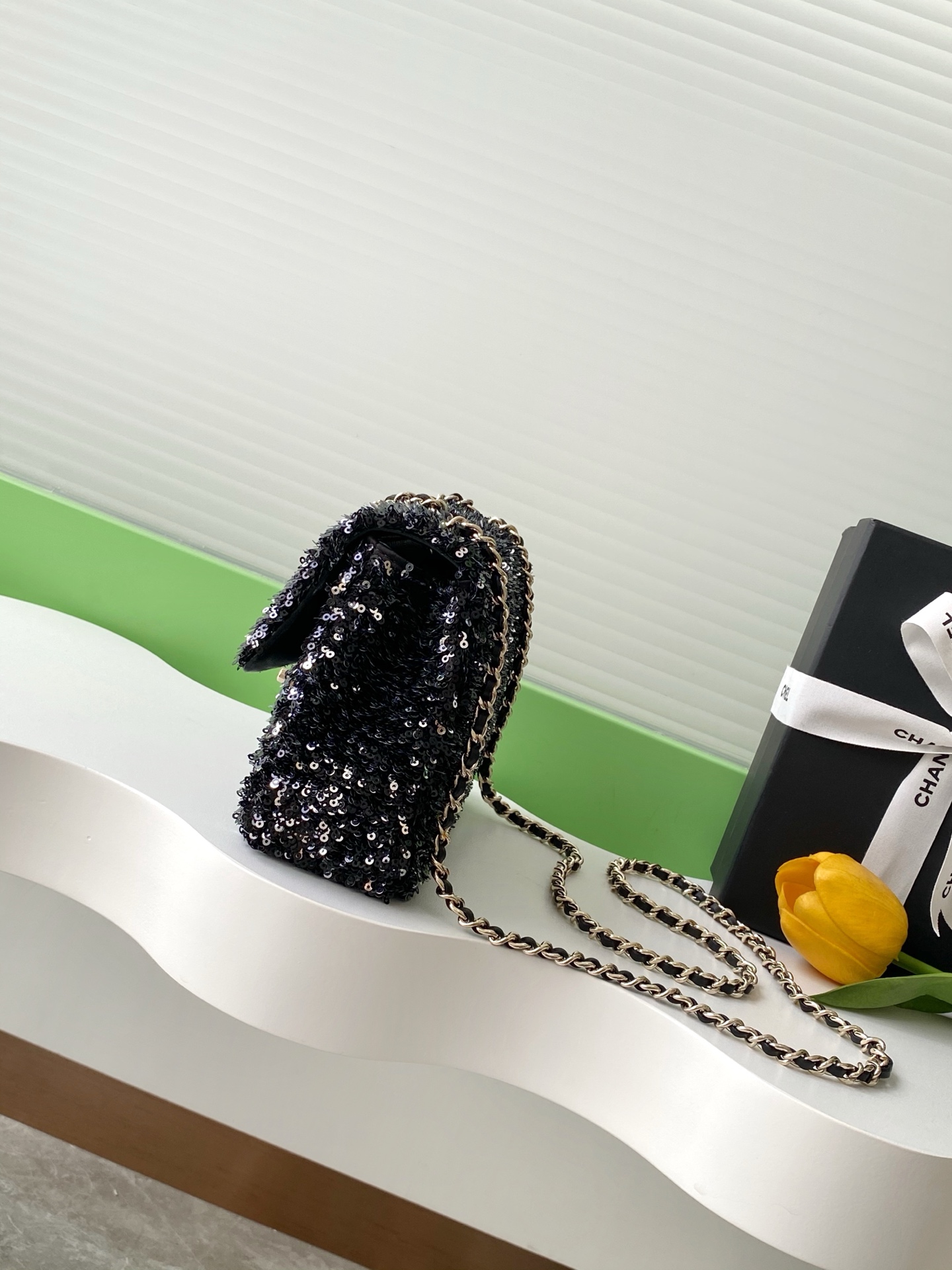 CHANEL Sequin Embroidered Medium Flap Bag Black 189545