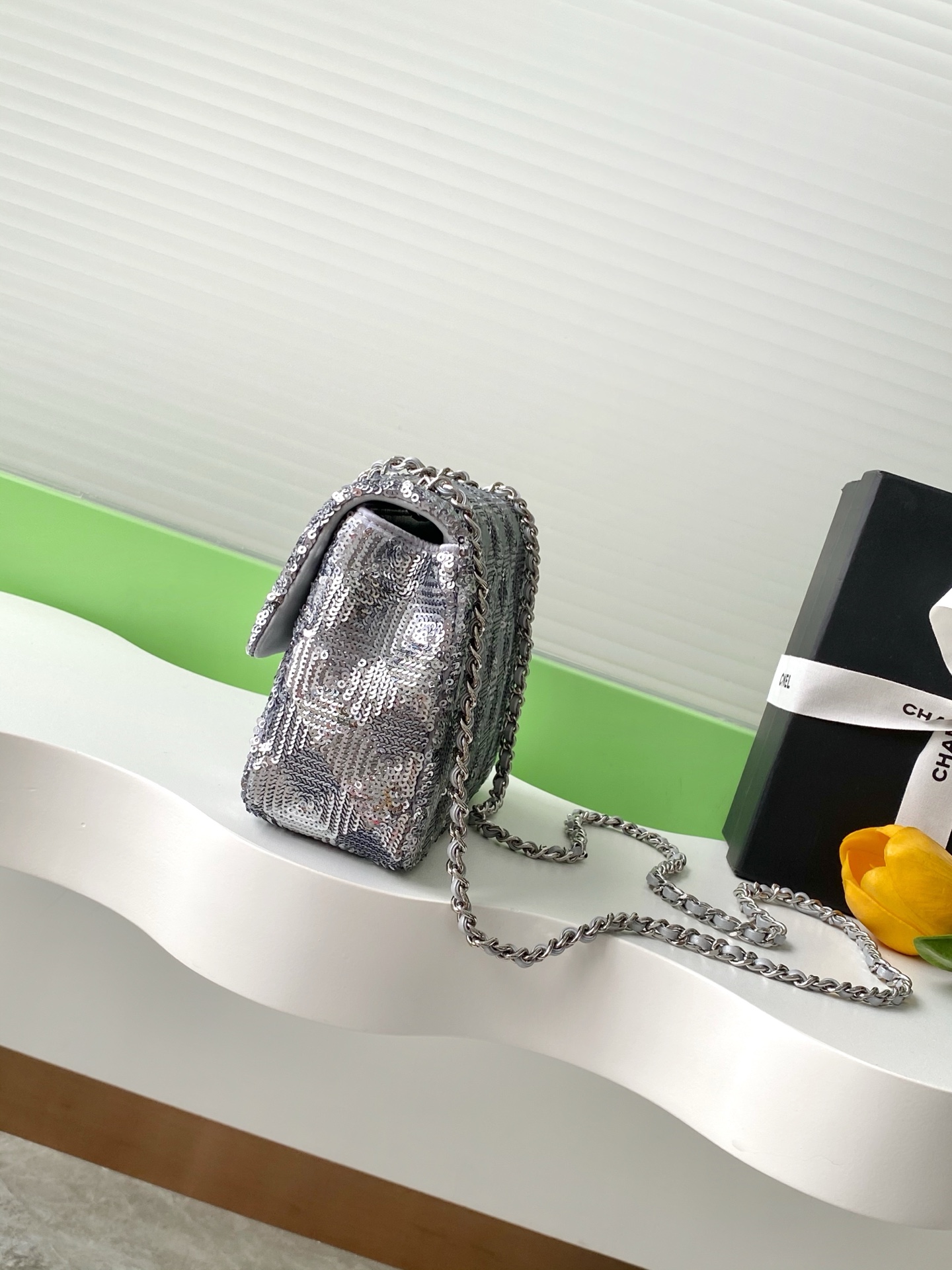 CHANEL Sequin Geometric Extra Mini Flap Silver 493339