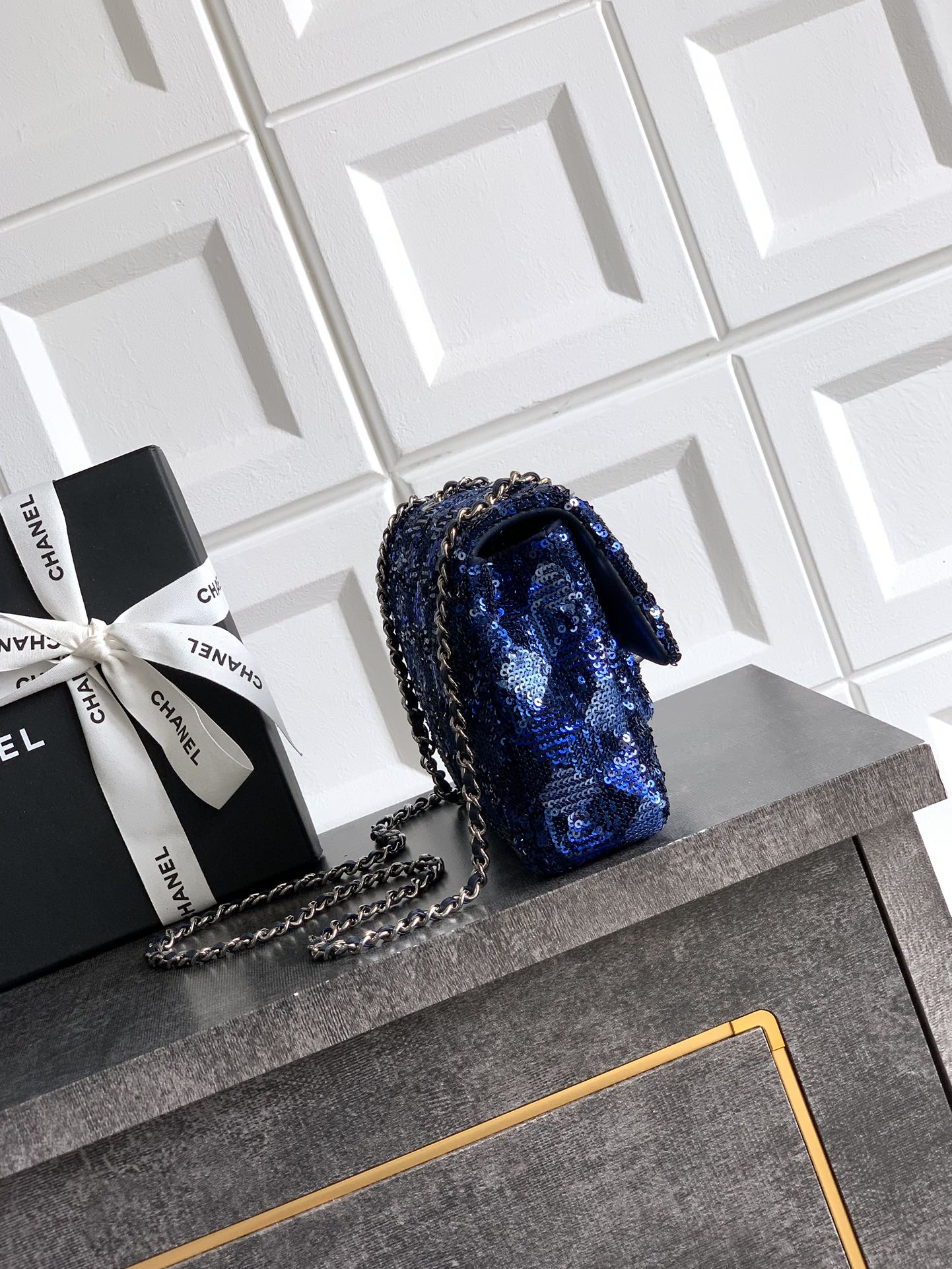 CHANEL Sequin Medium Flap Dark Blue 261791