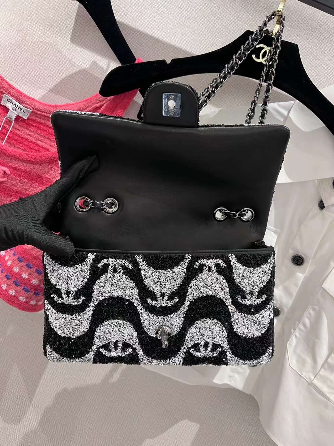 CHANEL Sequin Mini Rectangular Flap Black White