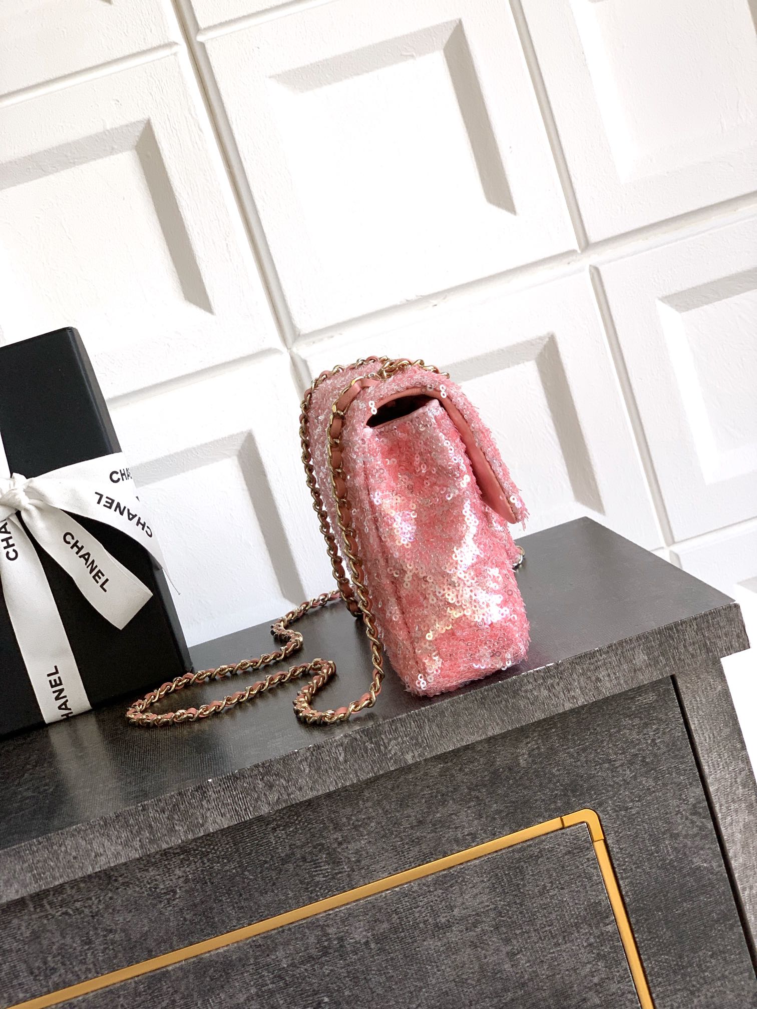 CHANEL Sequin Mini Rectangular Flap Pink 1382359