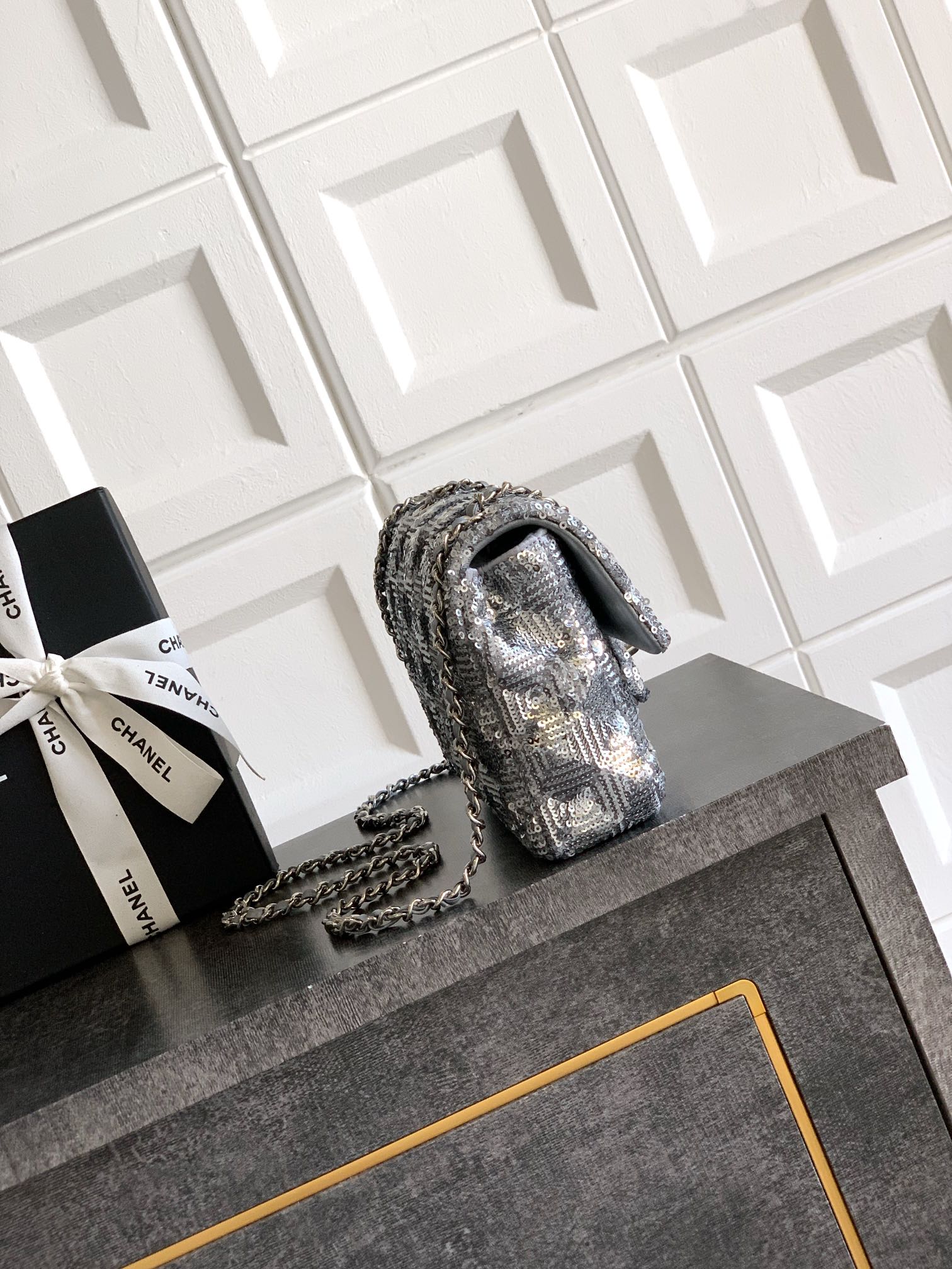 CHANEL Sequin Mini Square Flap Silver 617691