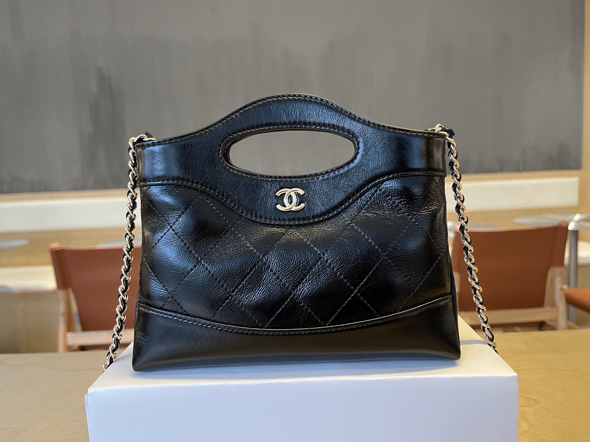 CHANEL Shiny Crumpled Calfskin Quilted Nano 31 Shopping Bag Black 1581443