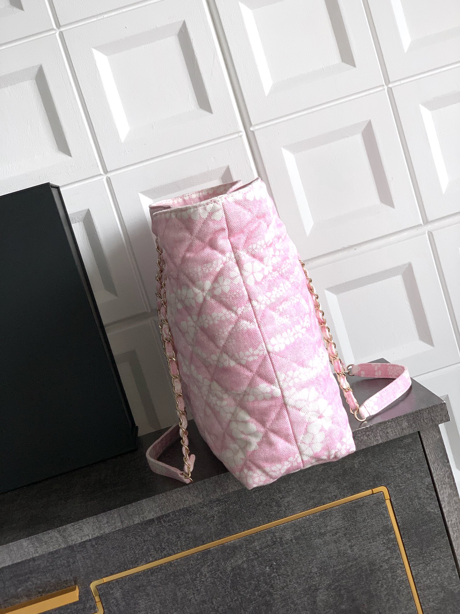 Chanel Shopping bag, Printed denim & gold-tone metal, light pink