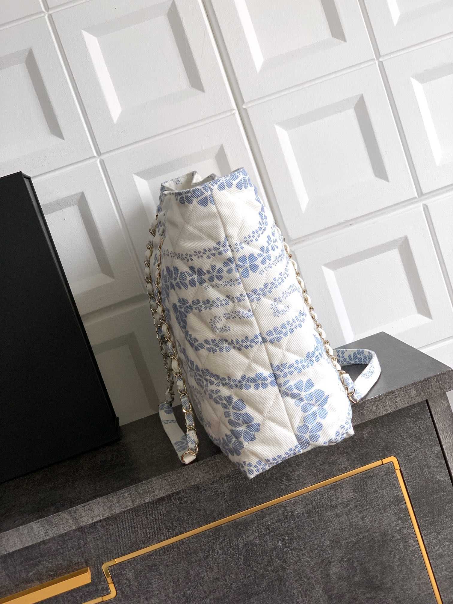 Chanel Shopping bag, Printed denim & gold-tone metal,blue & white