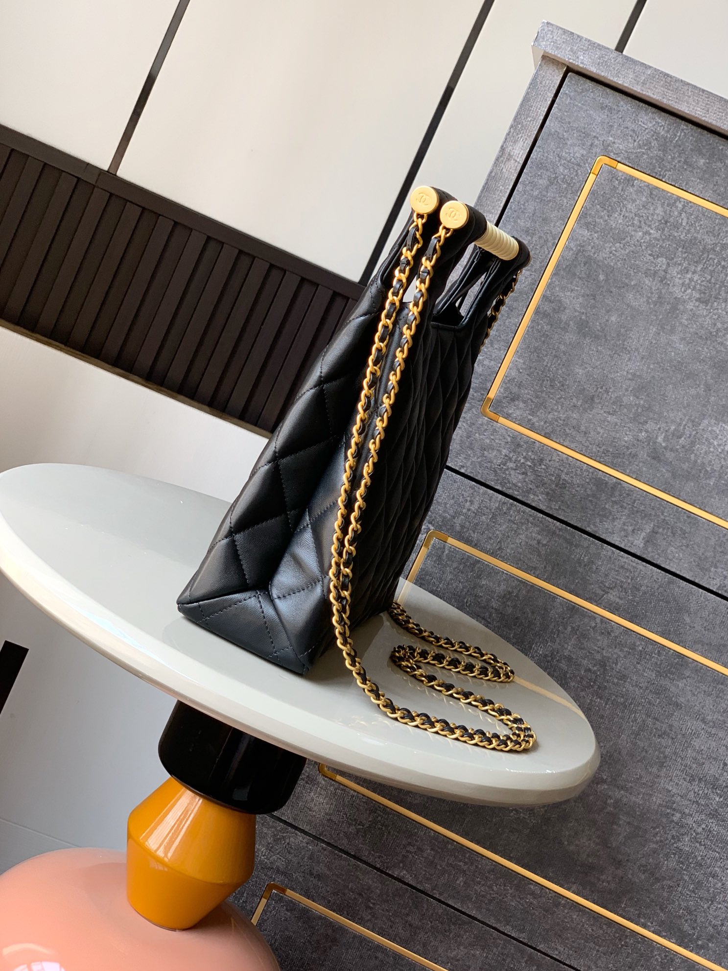 Chanel Shopping bag, Shiny lambskin & gold-tone metal, black