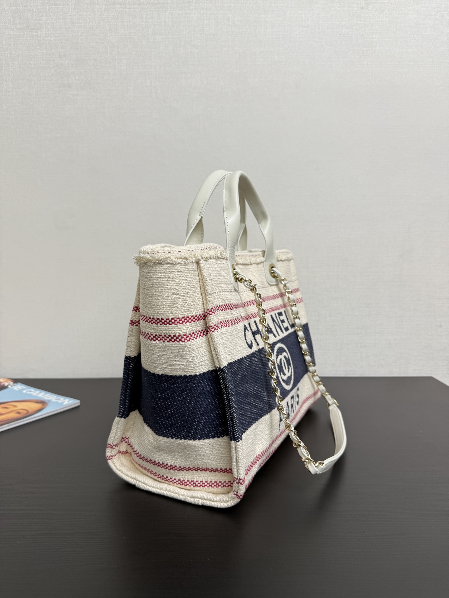 Chanel Shopping Deauville Ecru Red Blue Cotton Leather Tote