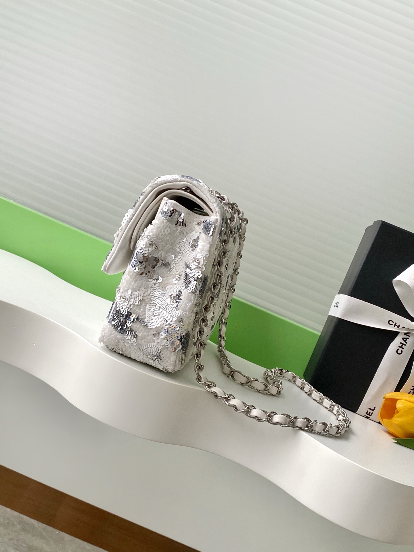 Chanel Silver/White Sequin East/West Flap Bag