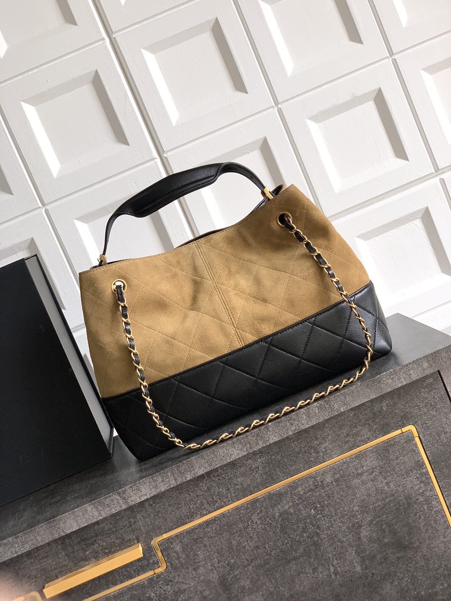 Chanel Small Coco Hobo Bag Brown Suede and Black Shiny