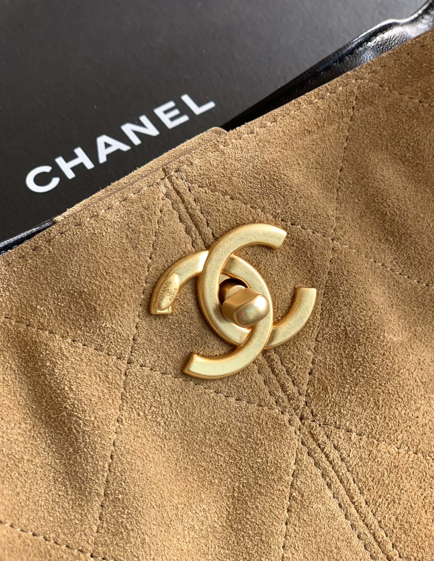 Chanel Small Coco Hobo Bag Brown Suede and Black Shiny