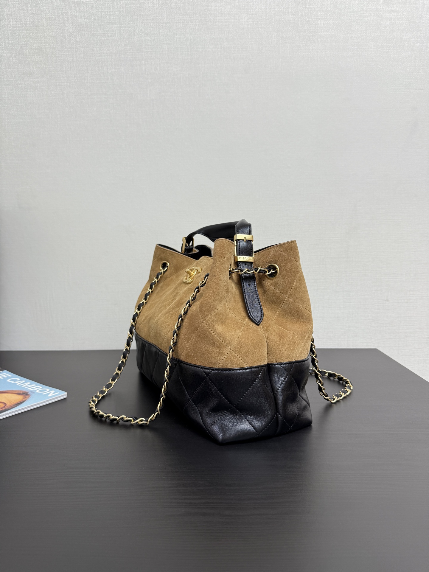 Chanel Small Coco Hobo Bag Brown Suede and Black Shiny Lambskin Brushe